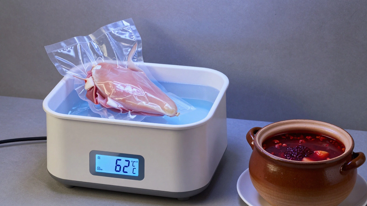 Современный метод сиху с пакетом курицы в водяной бане рядом с глиняным горшком.