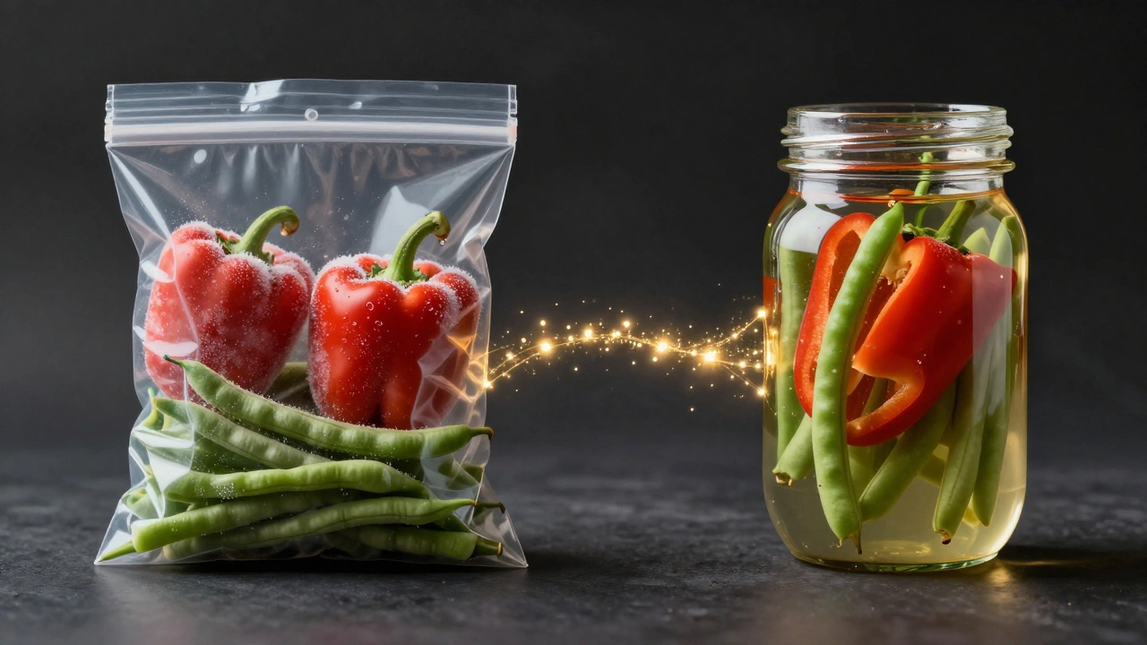 Сравнение замороженных и консервированных овощей: одна сторона — морозилка, другая — банка с маринадом, соединенные золотыми частицами витаминов.
