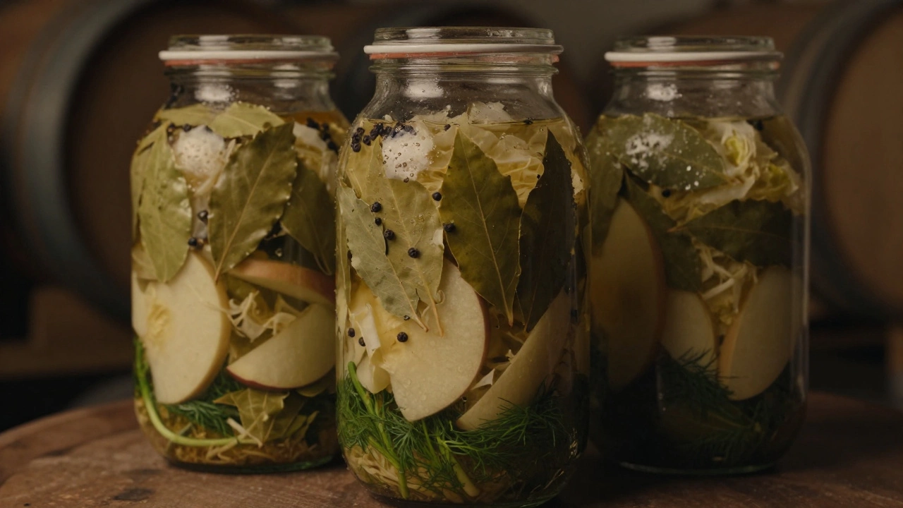 Стеклянная банка с квашеной капустой, видны лавровый лист, перец и укроп в рассоле