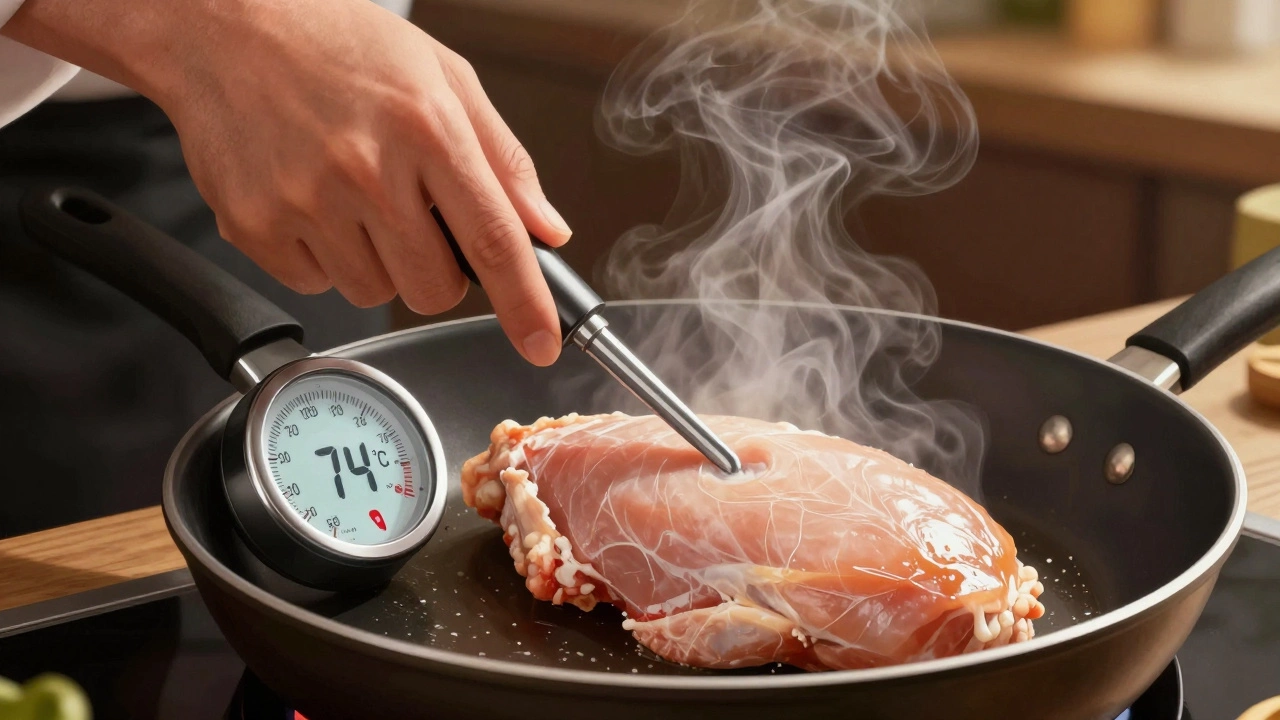 Термометр показывает 74°C в куриной грудке на сковороде с паром.