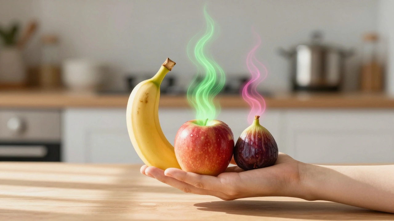 Три фрукта — банан, яблоко и инжир — источают энергетические потоки.