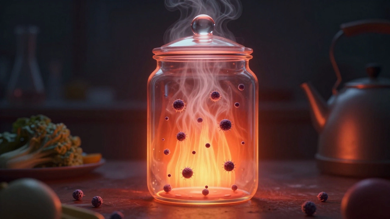 Вид внутри банки: споры ботулизма исчезают под паром, тепловые волны и свет символизируют стерилизацию.