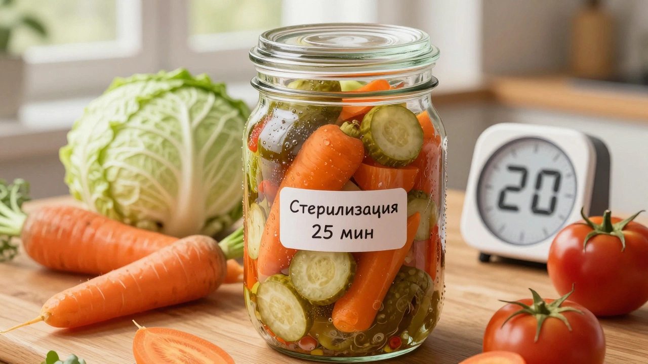 Закрытая банка с овощами на деревянном столе, лёгкий пар и капли воды на стекле, рядом свежие морковь и капуста.