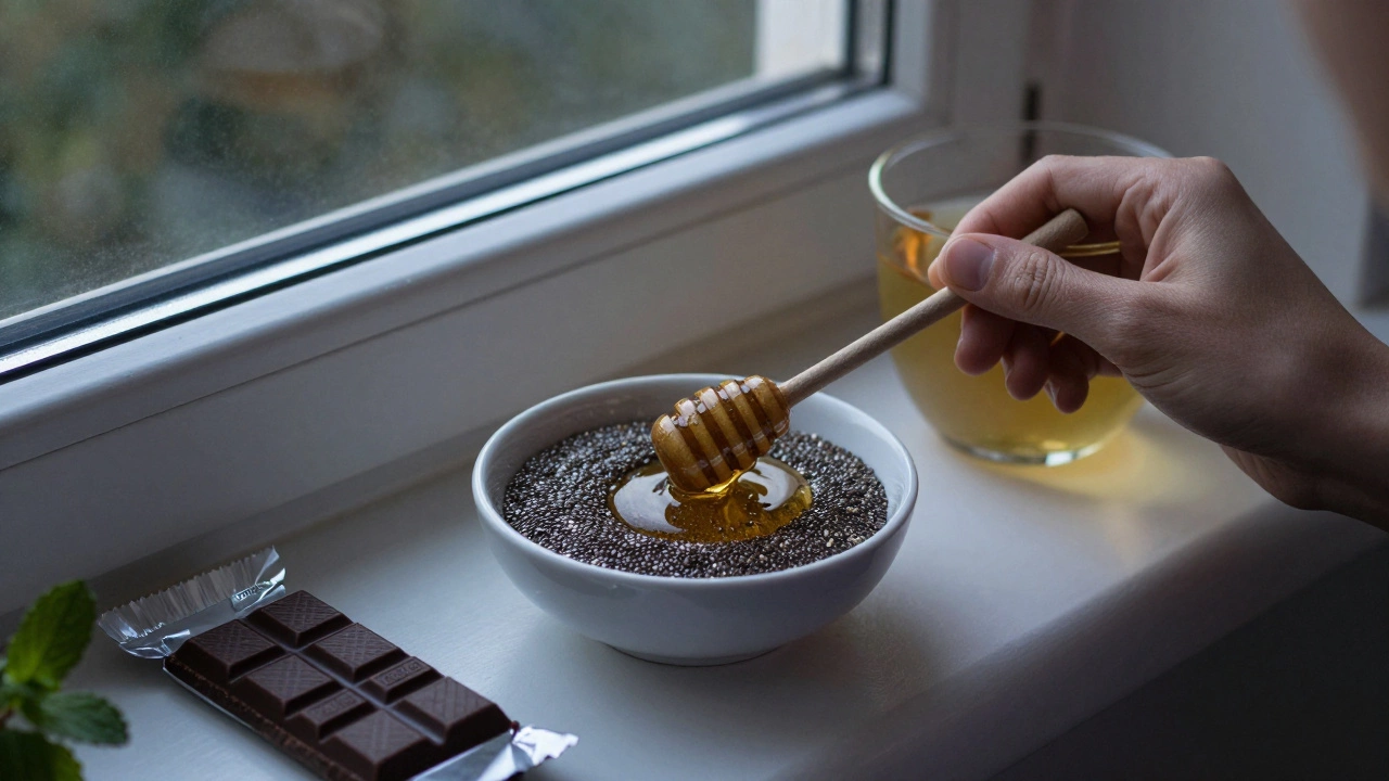 Замоченные семена чиа с мёдом и чай с мятой на подоконнике вечером.