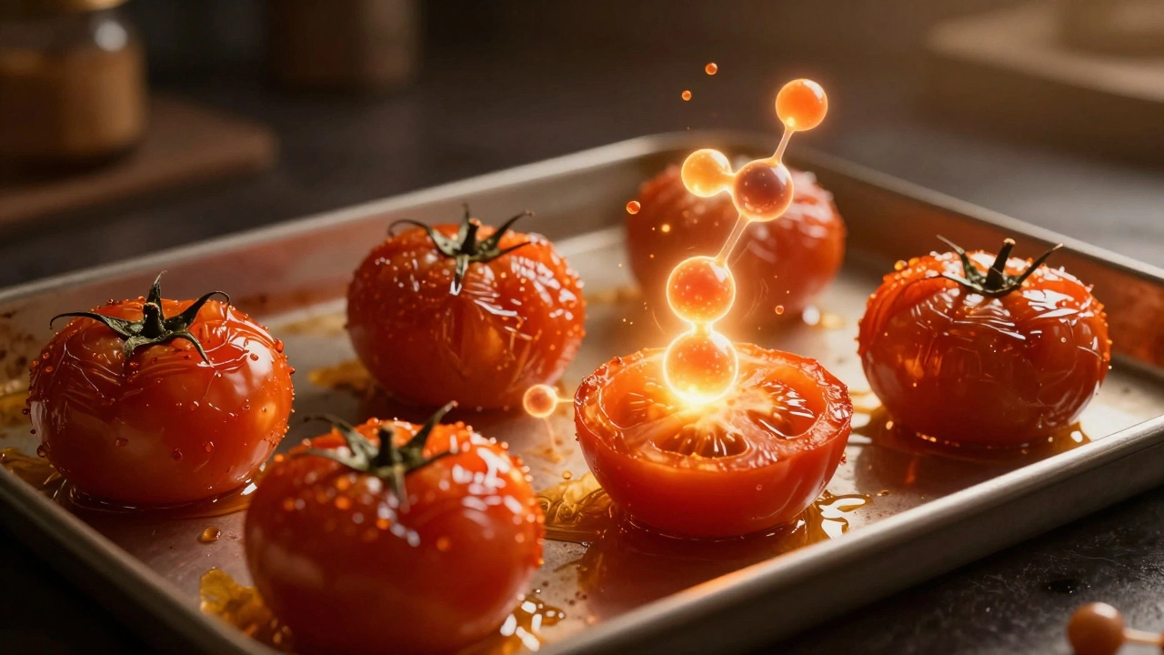 Запечённые помидоры с повышенным содержанием ликопена под теплым светом.