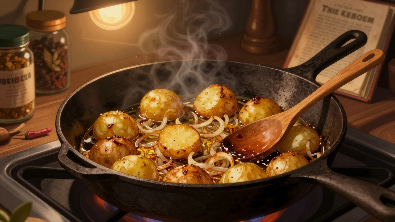 Жареная картошка и лук в сковороде с золотистой корочкой на кухне в России.