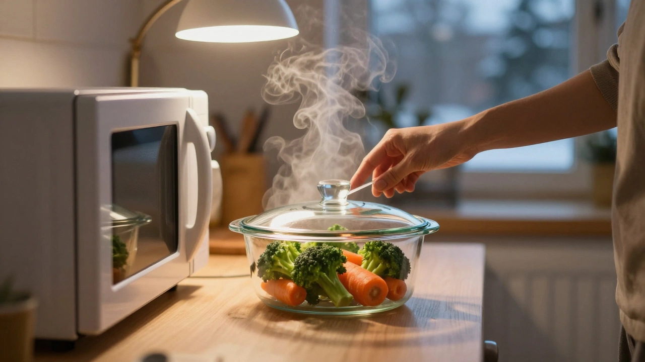 Женщина готовит овощи в микроволновке в закрытой стеклянной посуде, пар выходит из-под крышки.
