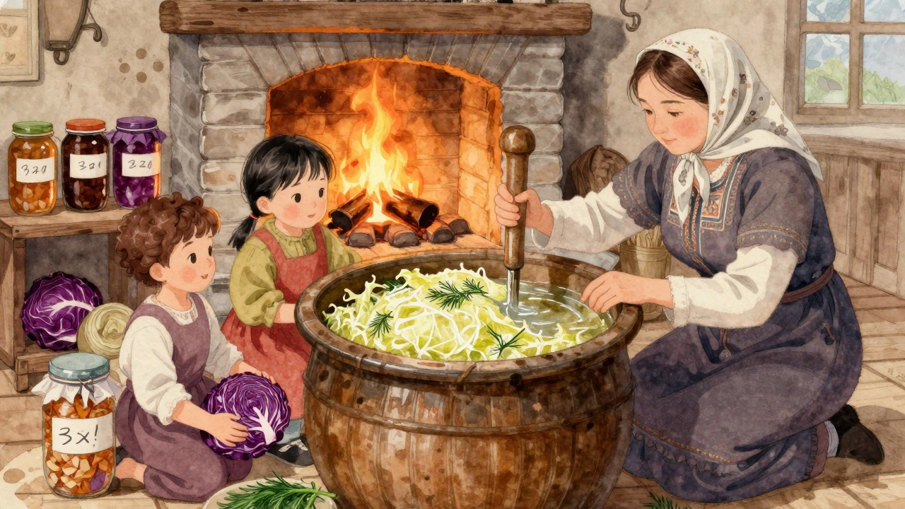 Женщина проверяет рассол в кадке с квашеной капустой в домашней кухне, подсвеченной огнем печи.