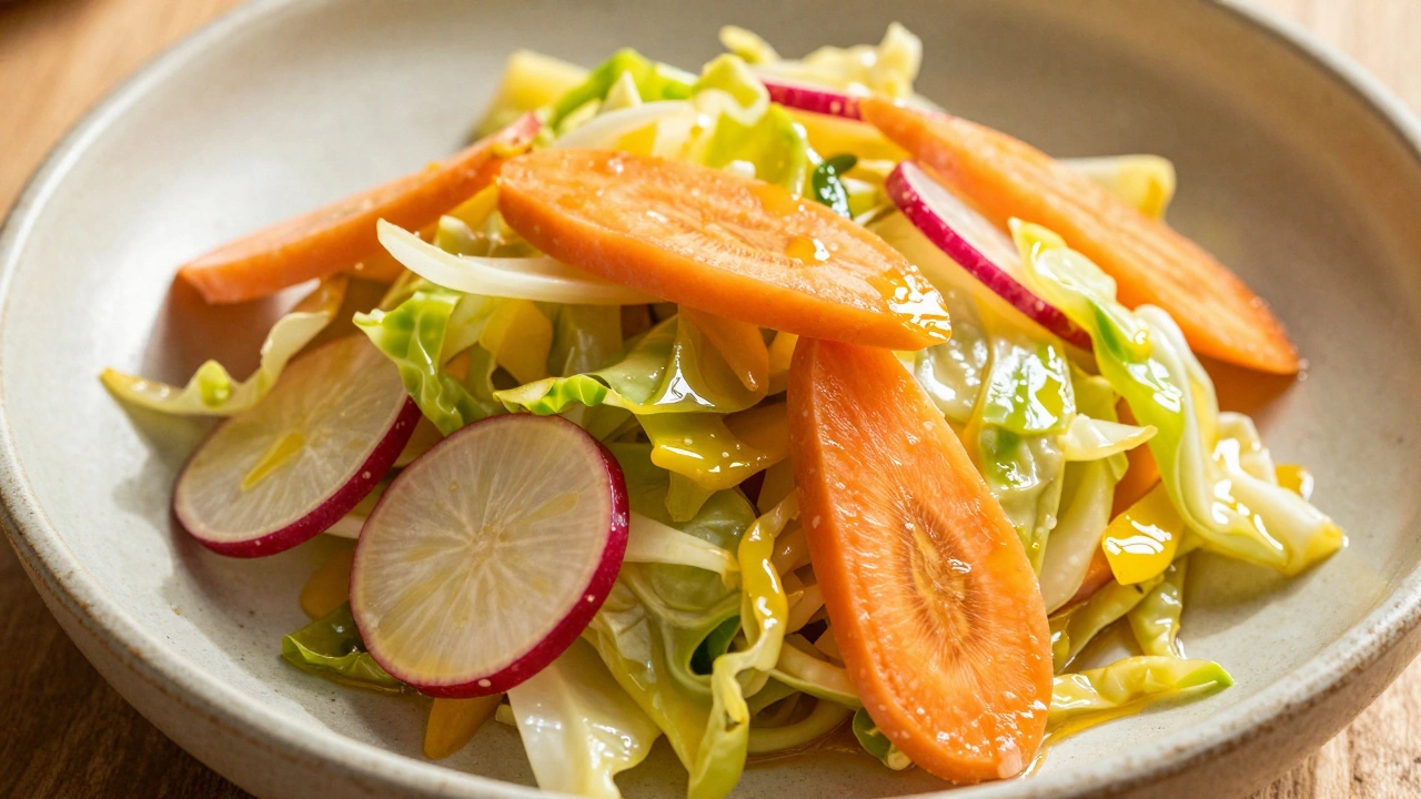 Яркий салат из ферментированных овощей под светом солнца