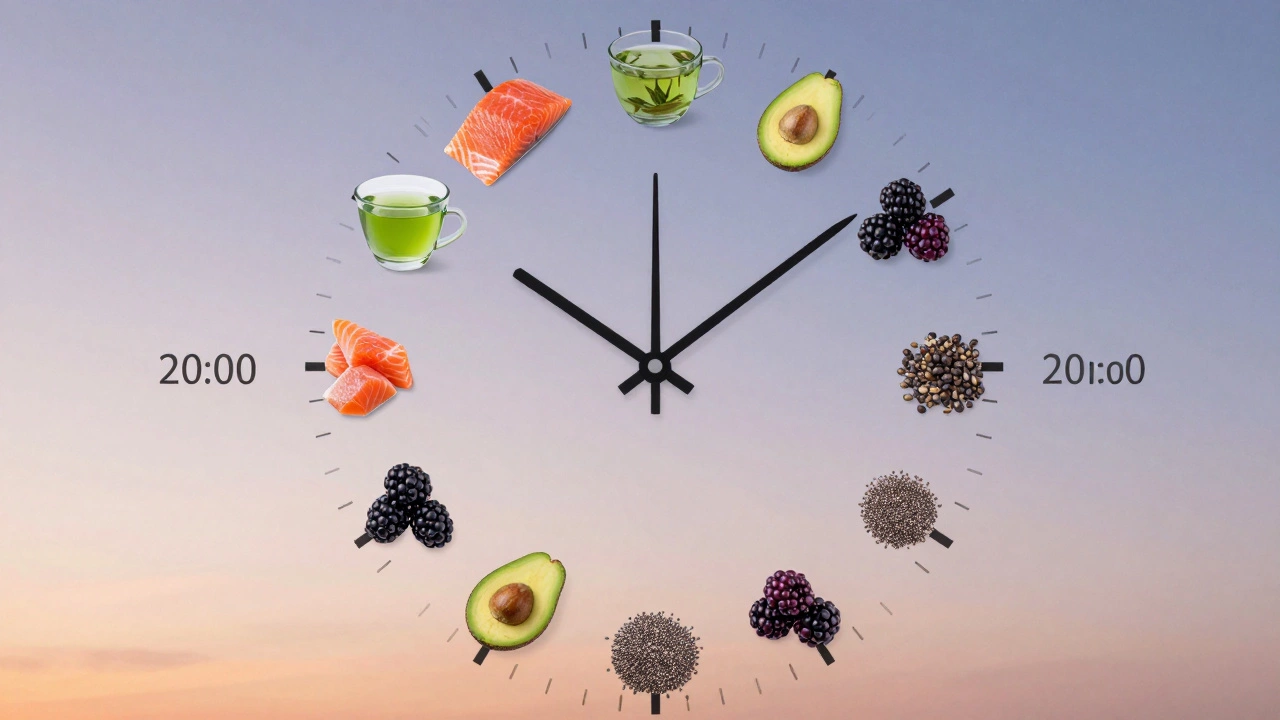 Часы, где часы заменены здоровой пищей, символизирующие режим голодания и ежедневный ритм для восстановления мозга.