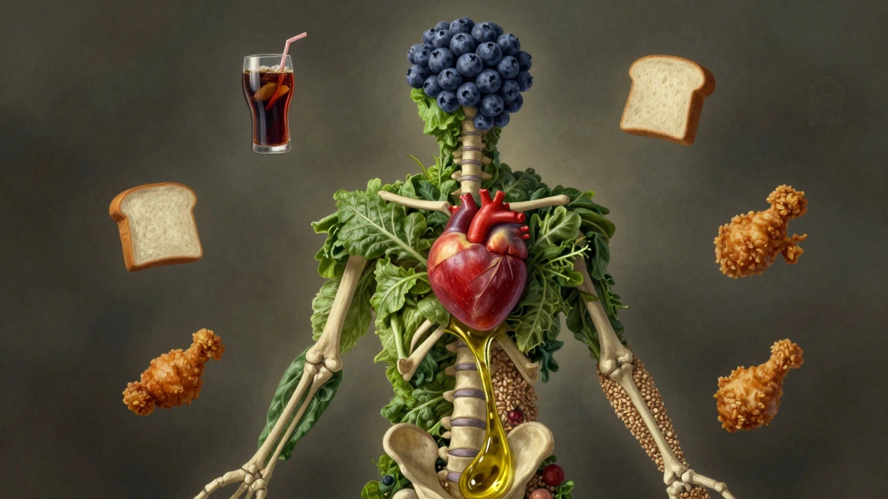 Человеческое тело, составленное из полезных продуктов, с токсичными продуктами в тенях вокруг.