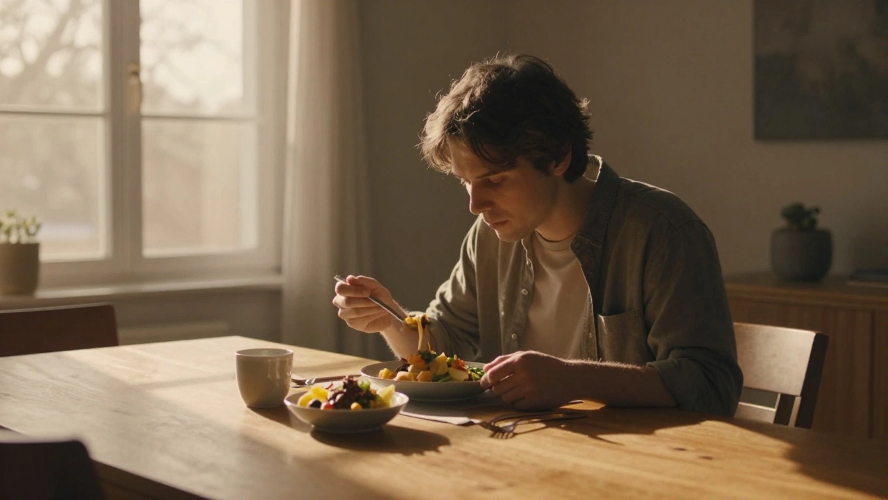 Человек за столом в спокойной атмосфере, практика осознанного питания.
