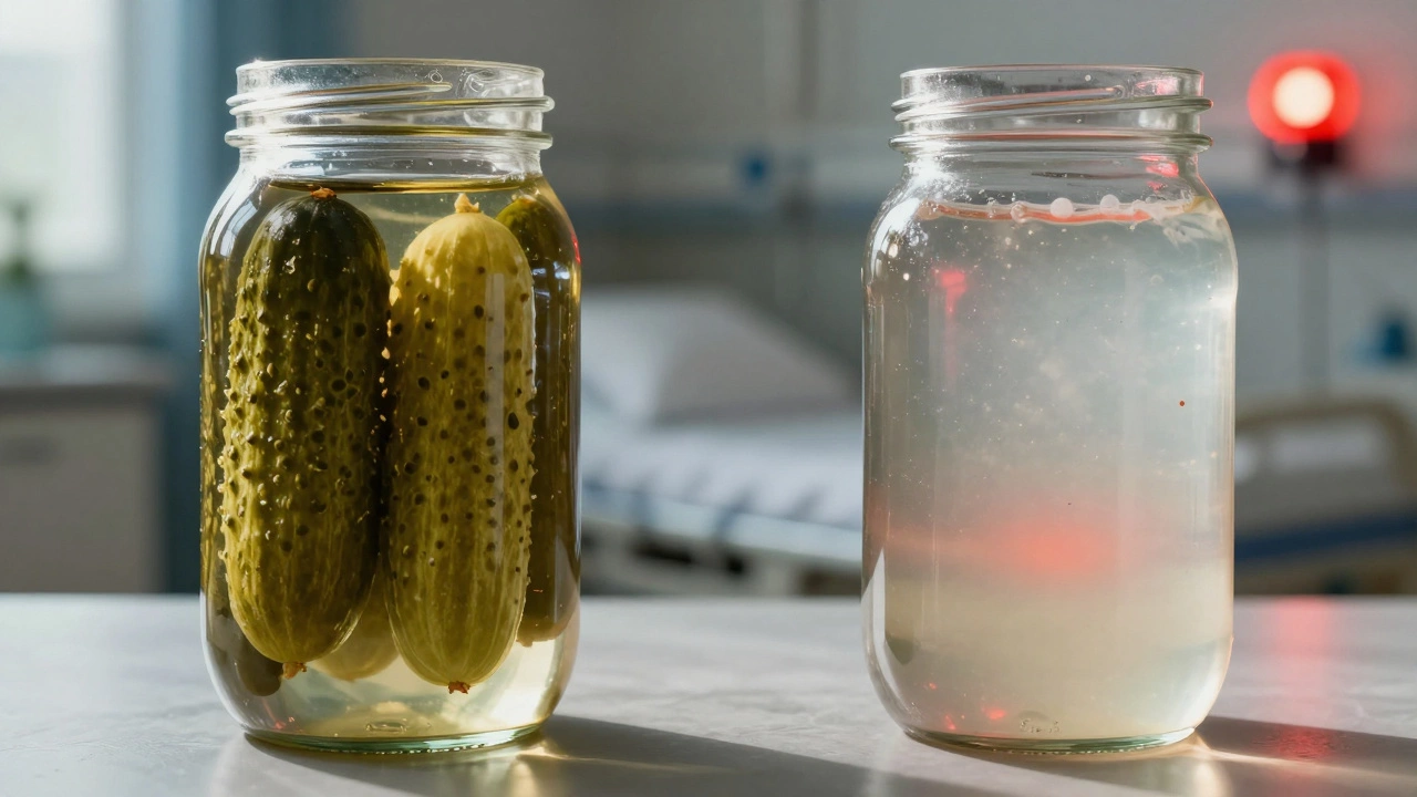 Два образа одной банки: слева — свежие огурцы, справа — мутная жидкость с признаками порчи, за ними — намёк на больничную палату.