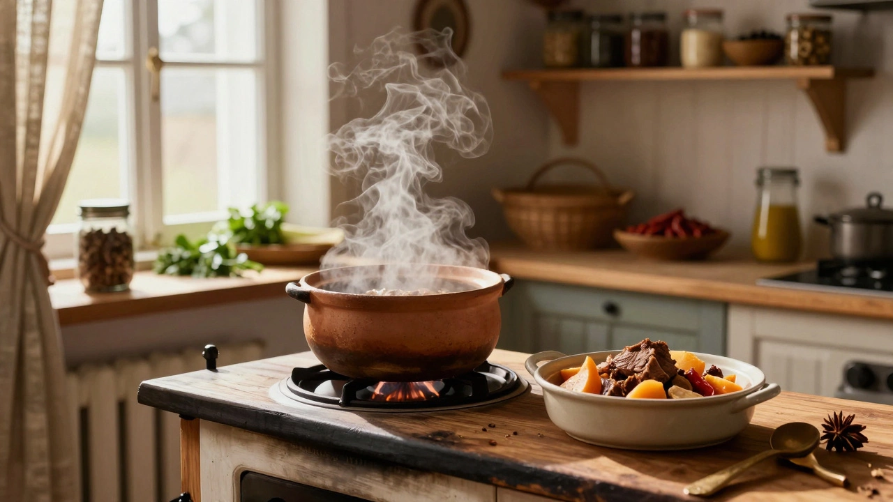 Глиняный горшок с тушеным мясом и корнеплодами на деревянной печи