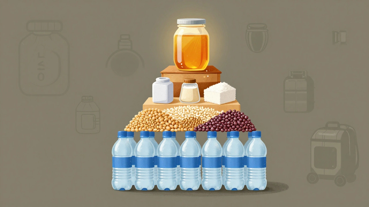 Иерархическая пирамида продуктов для долгосрочного хранения с водой в основании и медом наверху.