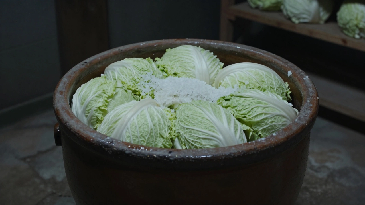 Капуста для холодного засаливания в керамическом кувшине в темноте