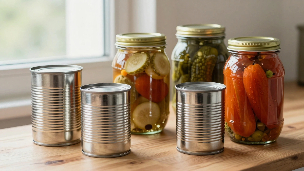Консервные банки и стеклянные банки с заготовками.