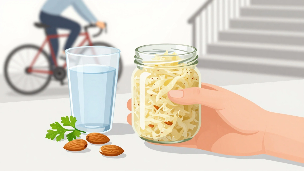 Квашеная капуста, орехи и петрушка рядом с водой — символы повседневного здорового питания.