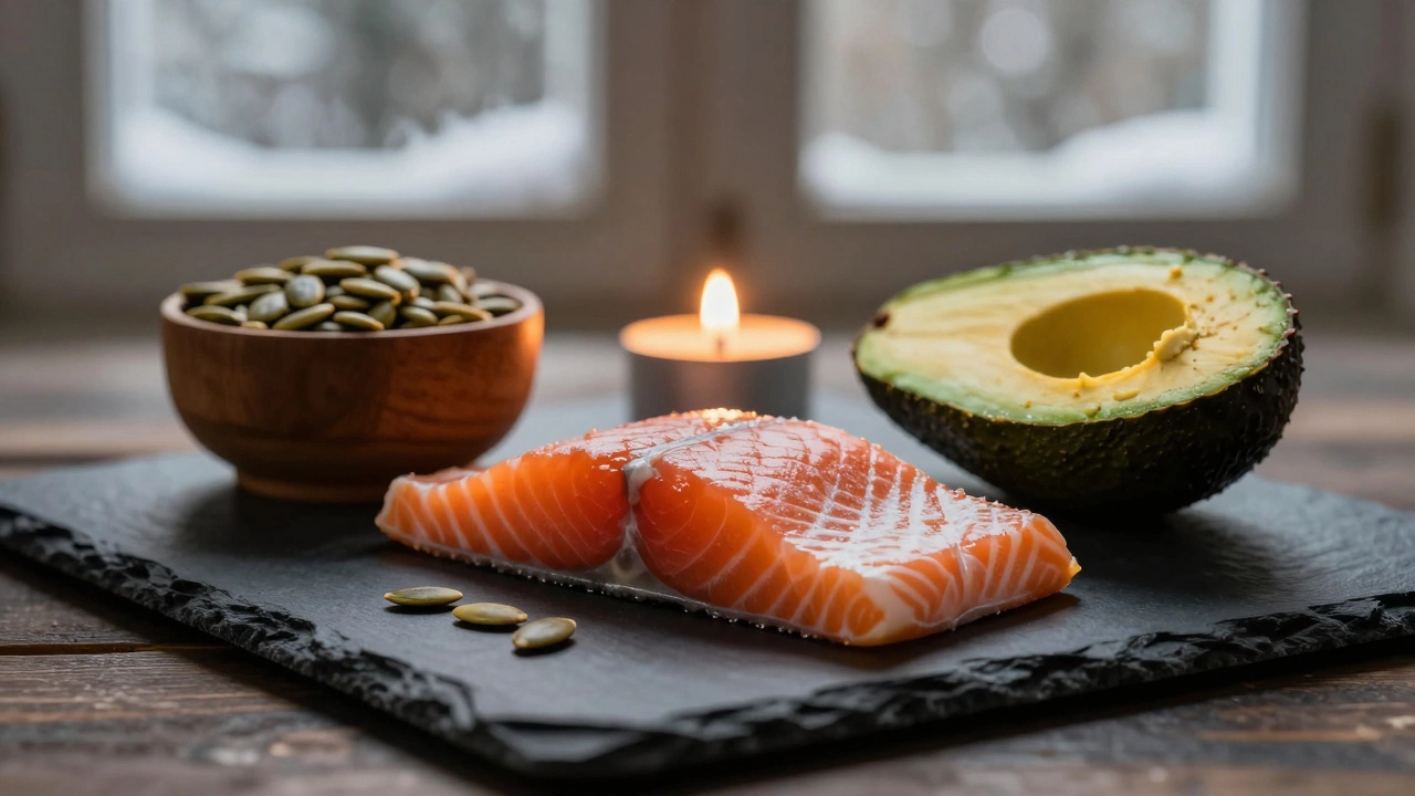 Лосось, авокадо и семена на доске с подсветкой свечи