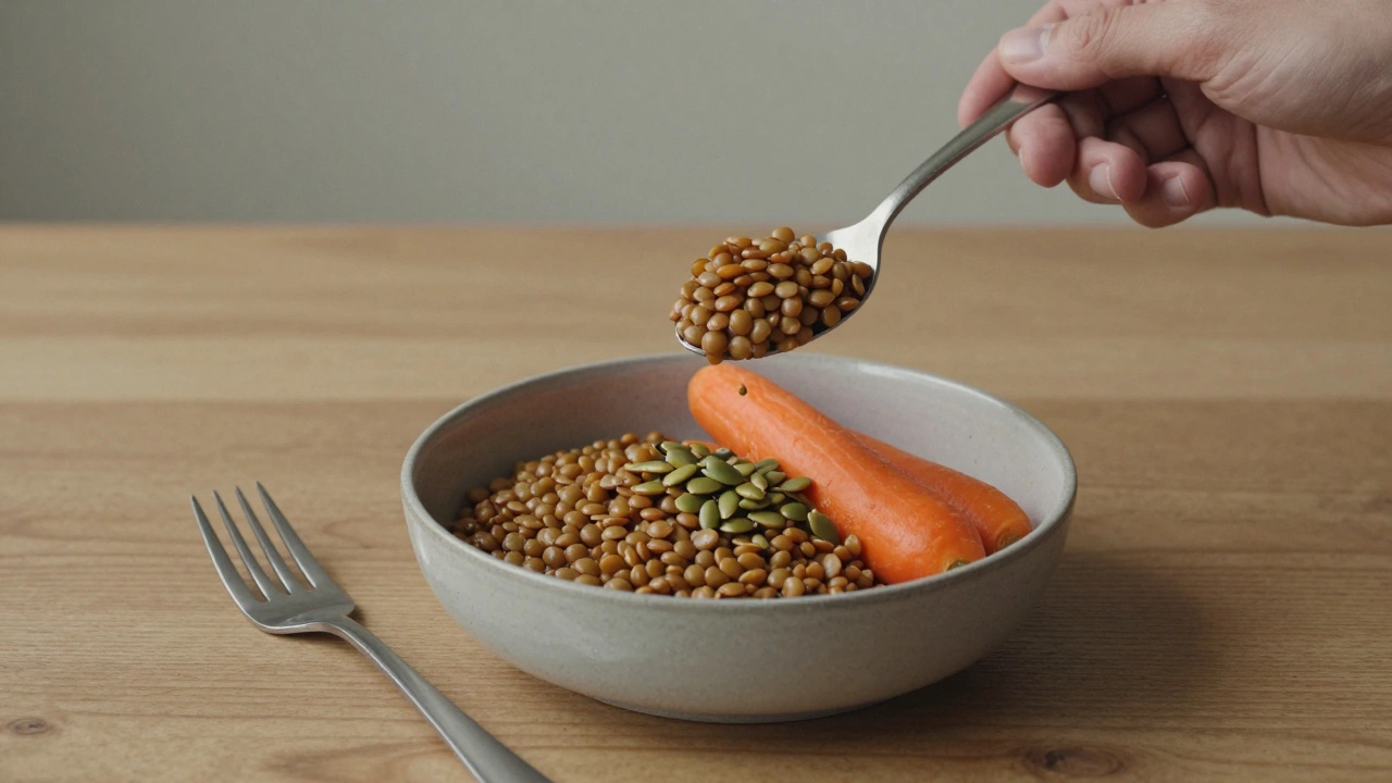 Ложка чечевицы рядом с морковью и тыквенными семечками на деревянном столе.