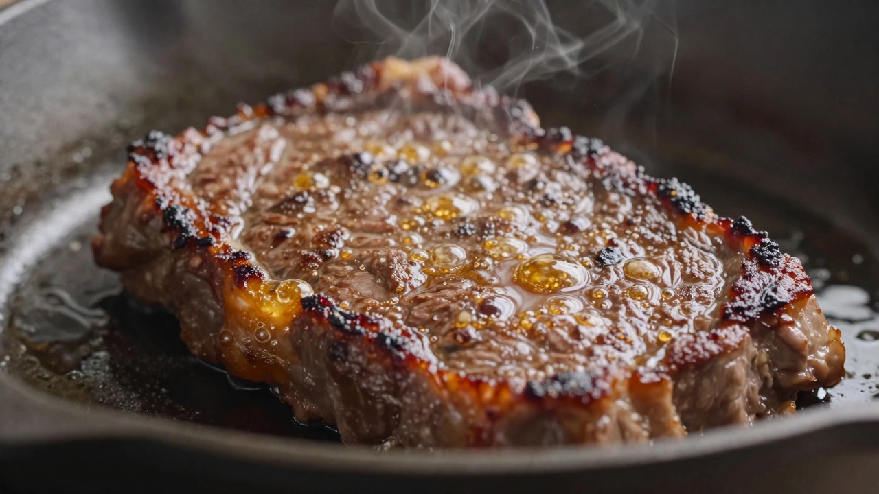 Макро фото жарящейся корочки на мясе в сковороде