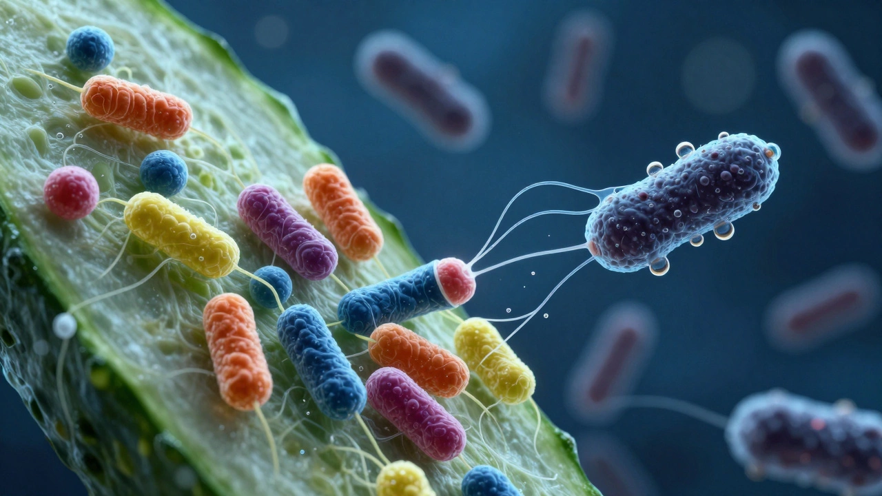 Микроскопическое изображение полезных бактерий и вредных микроорганизмов, сражающихся за сохранность огурцов в рассоле.