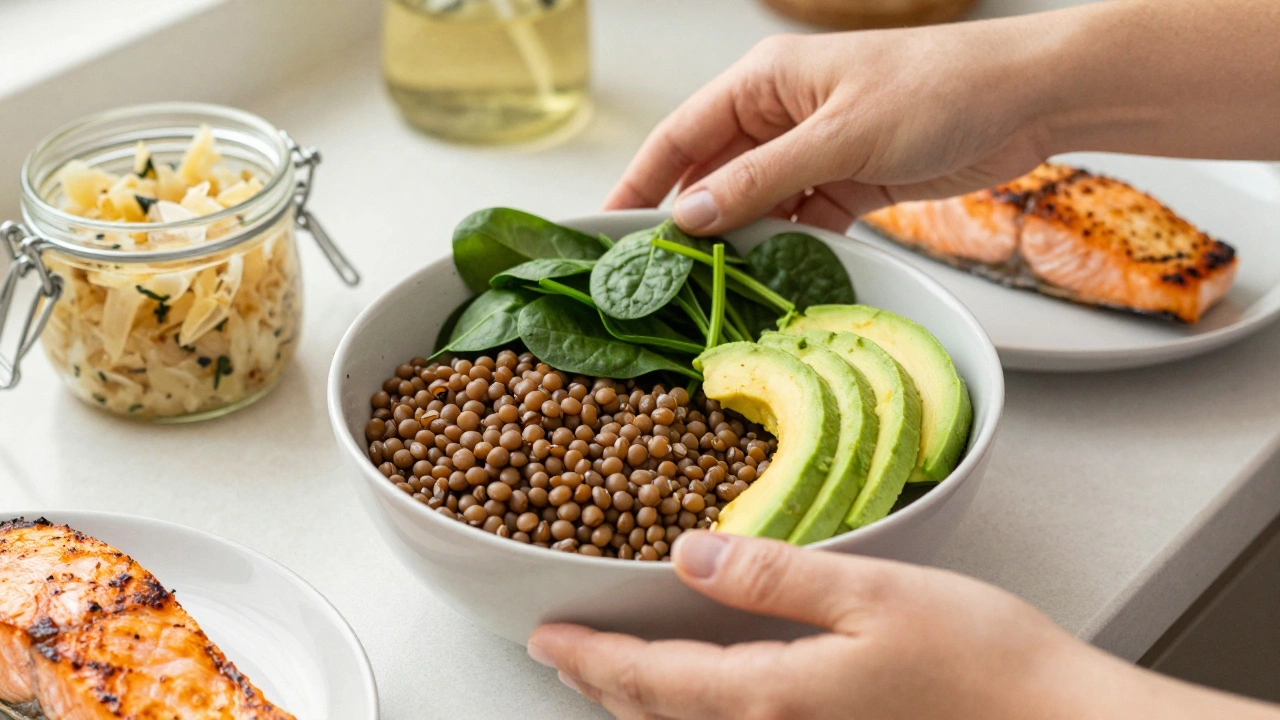 Обед с чечевицей, шпинатом, авокадо и лососем, рядом квашеная капуста.