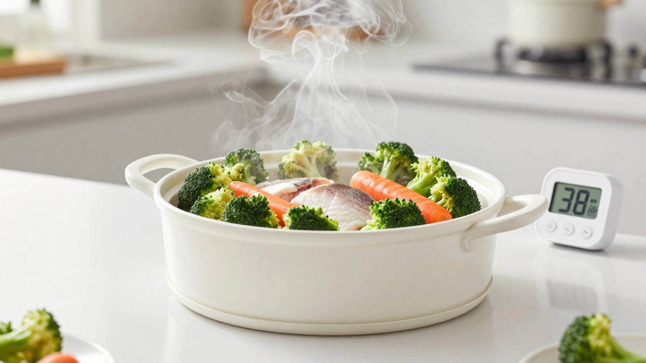 Пароварка с зелеными овощами и рыбой, пар мягко поднимается вверх