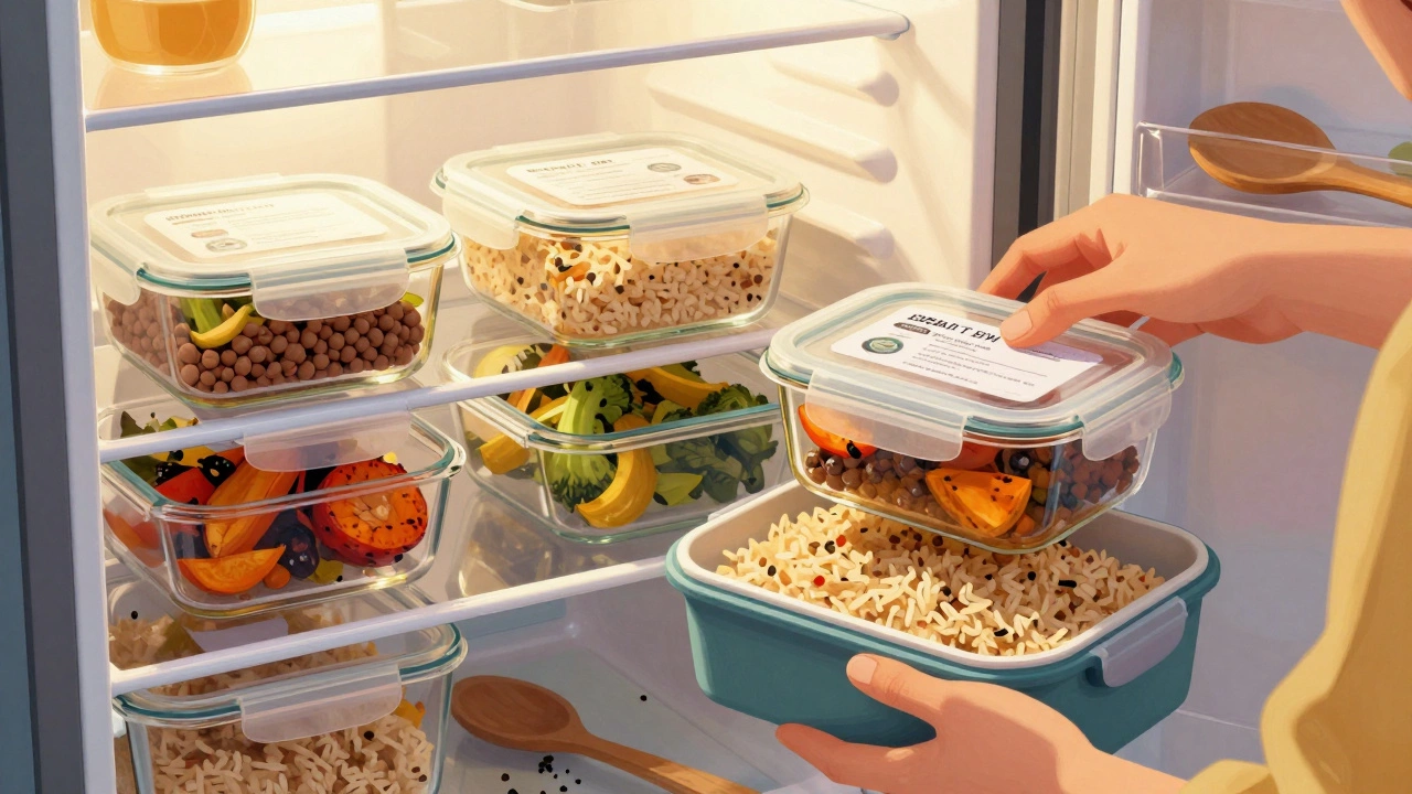 Подготовка обедов на неделю: контейнеры с бобовыми, овощами и коричневым рисом в холодильнике