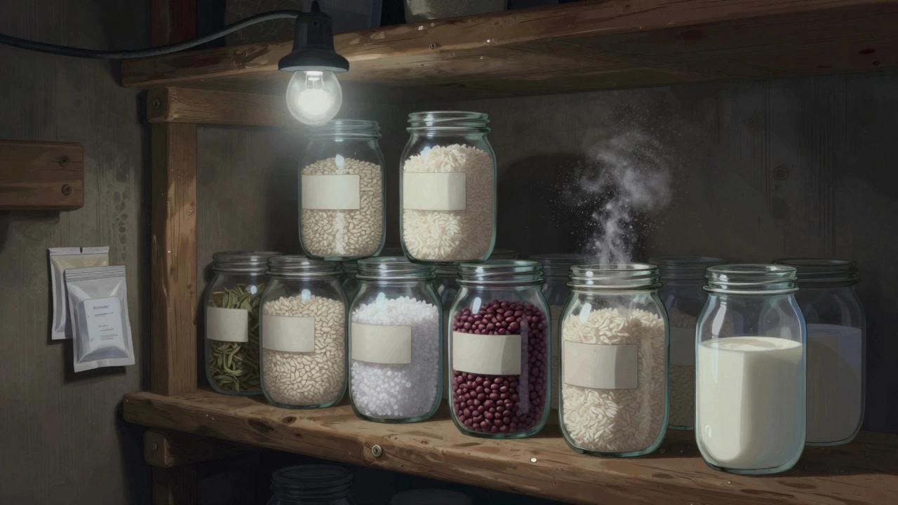 Подземная кладовая с банками из стекла, наполненными рисом, солью и сухим молоком в тусклом свете.