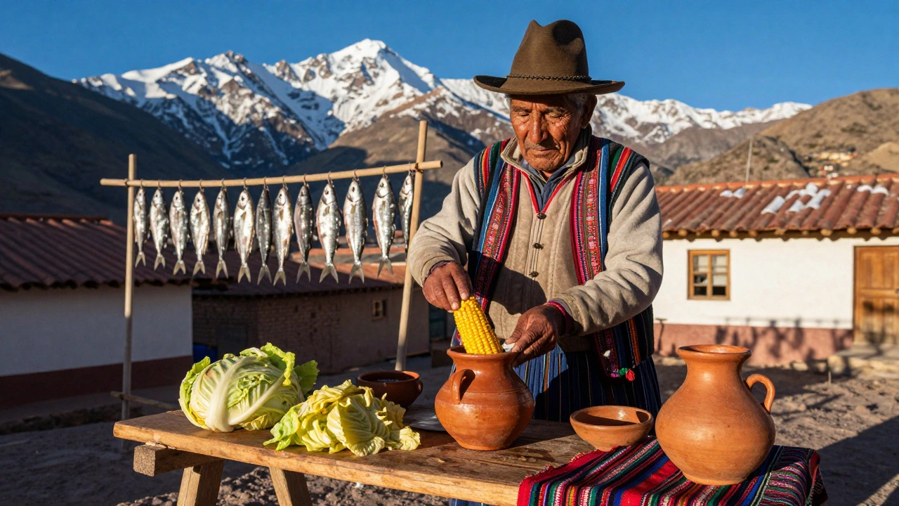 Пожилой мужчина готовит кукурузу и квашеную капусту в горной деревне Перу