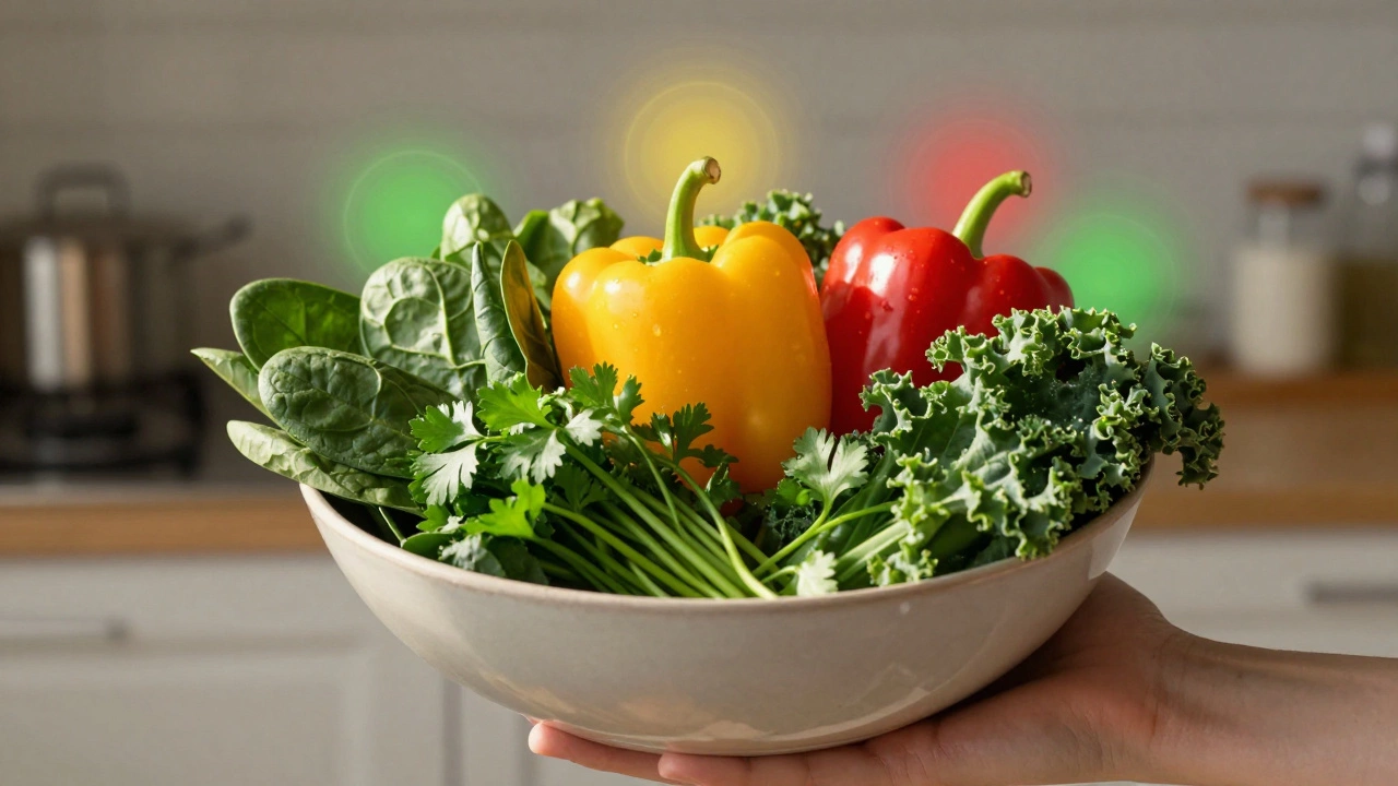Рука держит чашу с сырыми овощами — шпинатом, перцем и петрушкой — с мягким световым сиянием вокруг каждого.