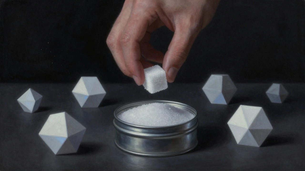 Рука кладёт кристалл сахара в герметичную металлическую банку, вокруг — символы сухости, тьмы и холода.