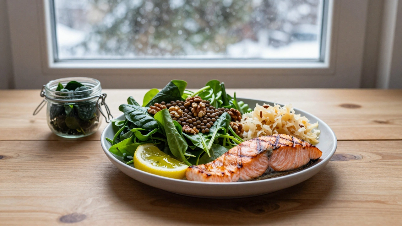 Сбалансированный день питания с зеленью, лососем и квашеной капустой на фоне зимнего окна