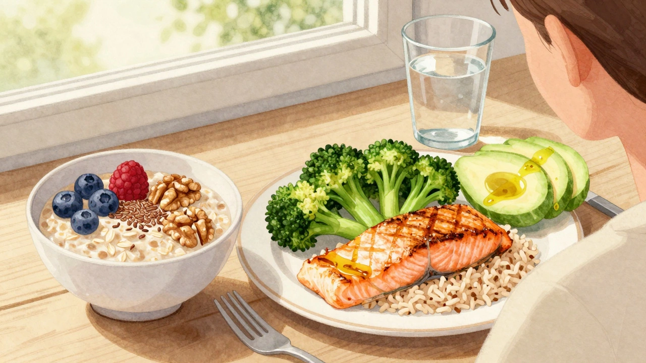 Сбалансированный завтрак и обед: овсянка с ягодами, лосось с брокколи и авокадо с оливковым маслом.