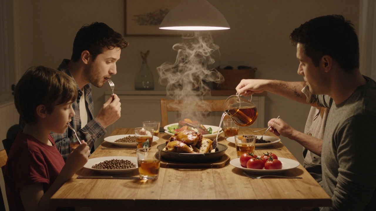 Семья ест запечённый обед из курицы и чечевицы, пар поднимается от тарелок в тёплой кухне.