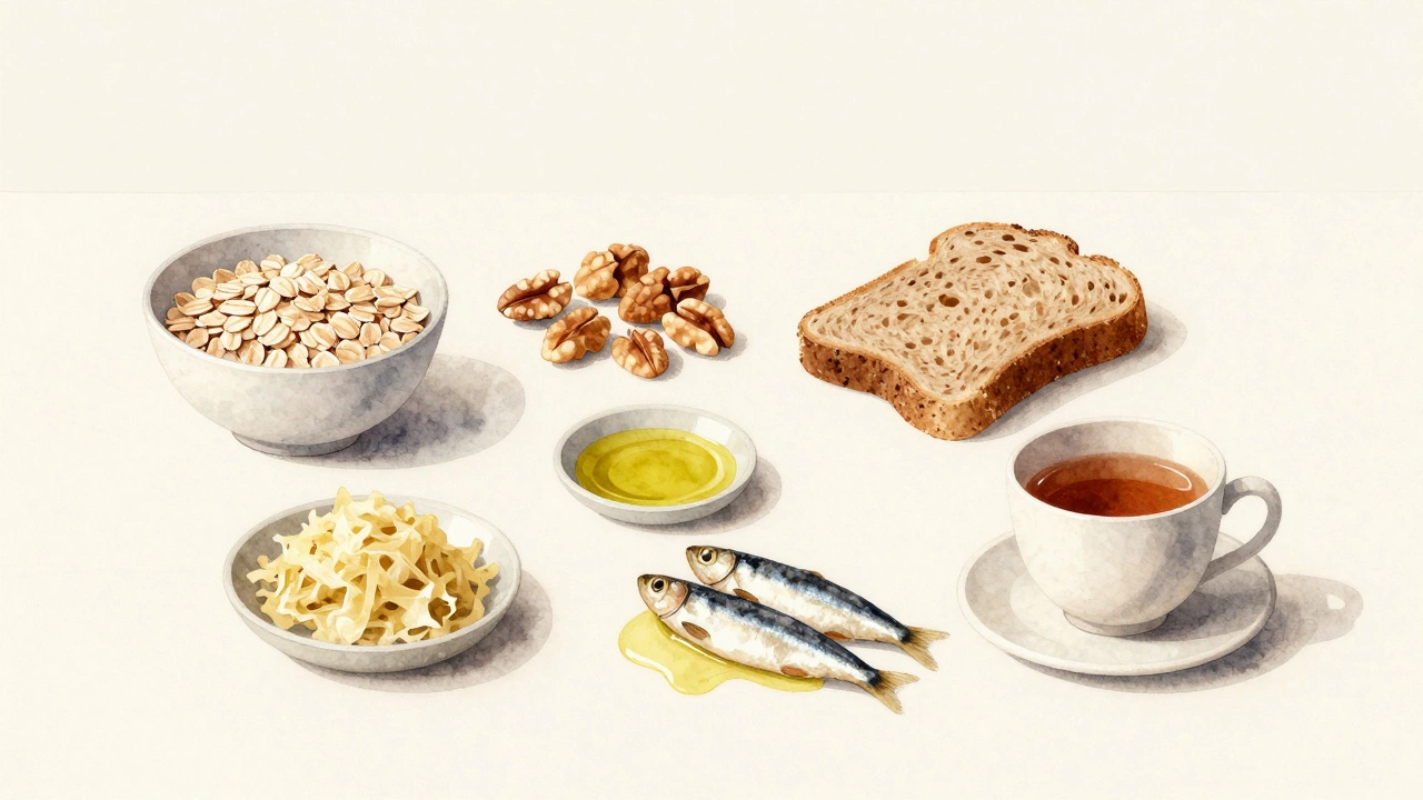 Семь простых продуктов на столе без упаковки: овсянка, орехи, капуста, сельдь, масло и чай