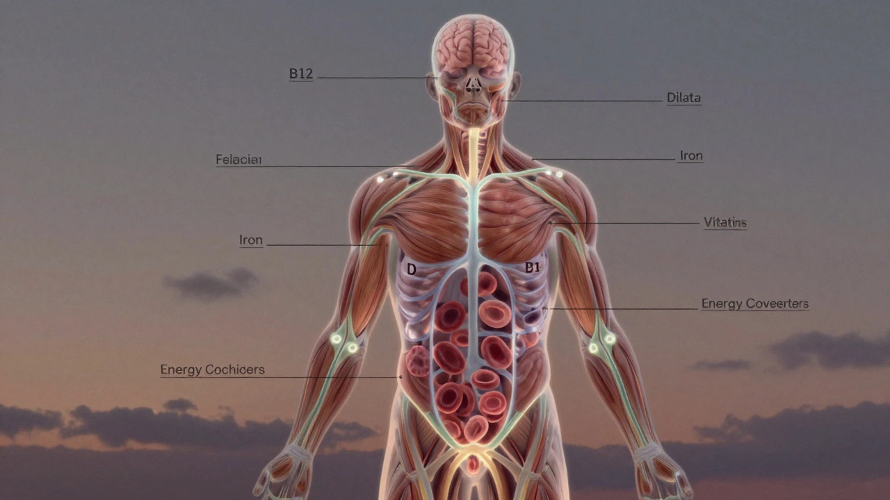 Силуэт человека с внутренними потоками витаминов B12, D, фолиевой кислоты и железа, подсвеченные в местах дефицита.