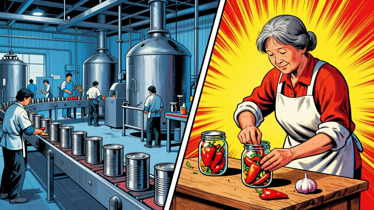Сравнение промышленного производства консервов и домашней заготовки в стиле комикса.