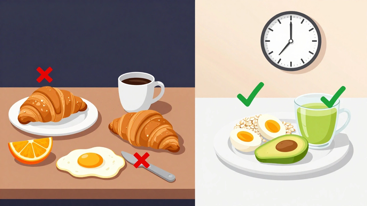 Сравнение вредных и полезных продуктов утром: кресты на сладком и жирном, галочки на лёгкой пище.