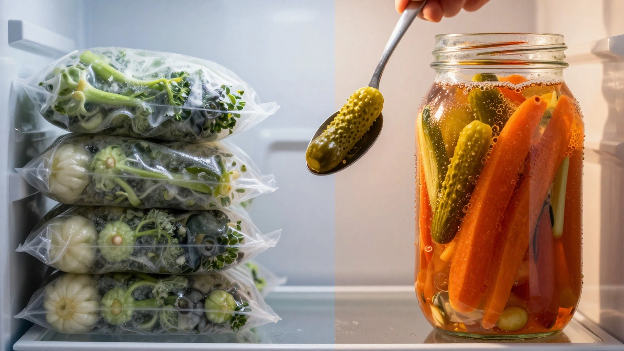 Сравнение замороженных и ферментированных овощей: пакеты в морозилке и пузырящаяся банка.