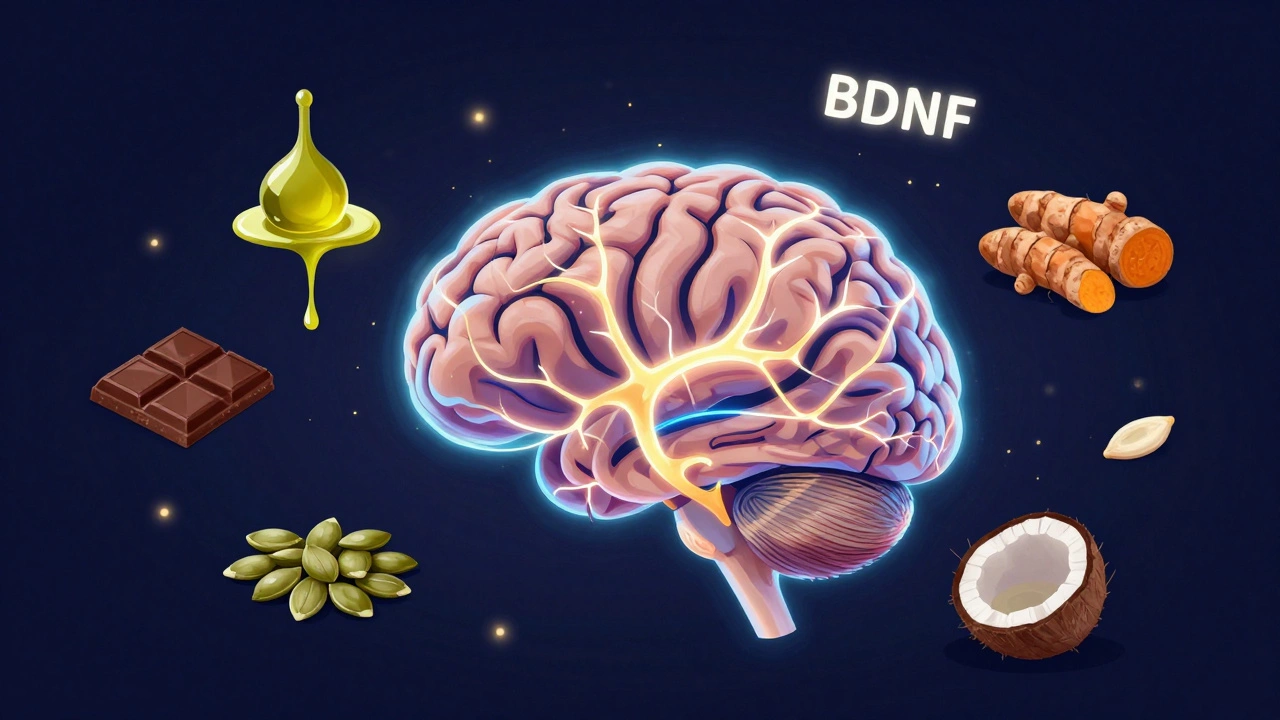 Светящийся мозг с нейронными связями, окруженный символами полезных продуктов: оливковое масло, тёмный шоколад, куркума и тыквенные семечки.