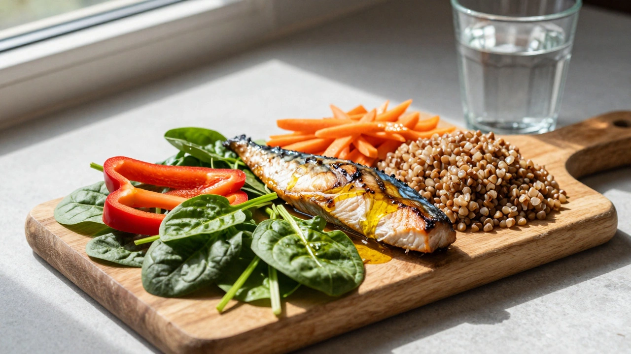 Свежий салат из шпината, сладкого перца и моркови с запеченной скумбрией и гречкой