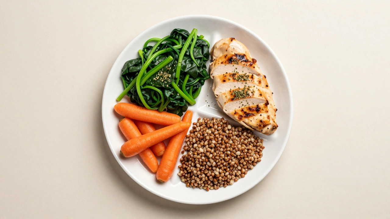 Тарелка еды разделенная на овощи, мясо и крупы