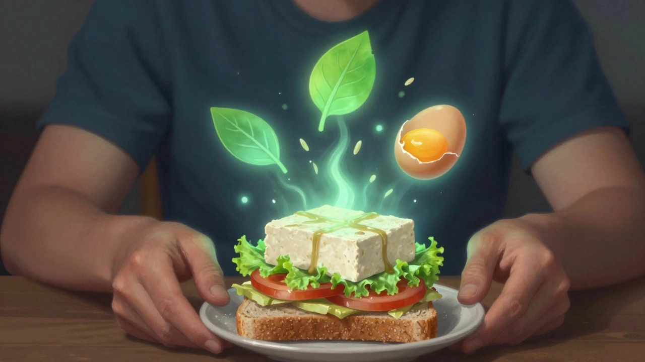 Веганский обед с тофу-бургером, излучающий энергию и ясность ума