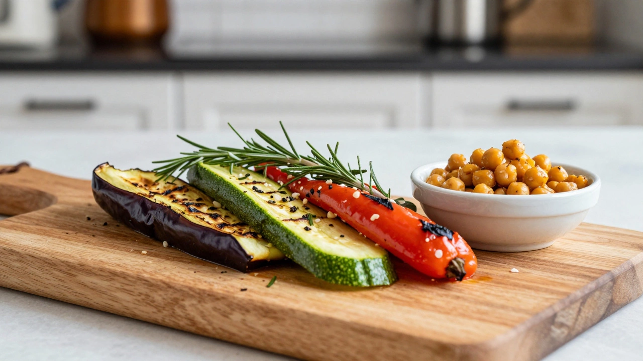 Жареные овощи с чесноком и розмарином на деревянной доске, без масла, с хрустящими краями.