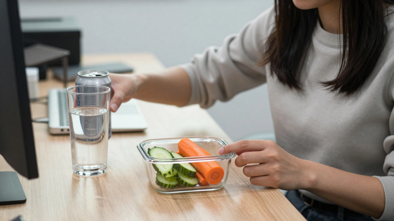 Женщина ест нарезанные морковь и огурец на работе, заменяя газировку.