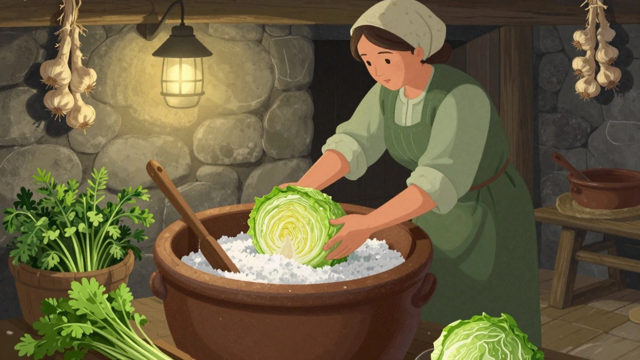 Женщина укладывает капусту с солью в керамический кувшин для ферментации в погребе.