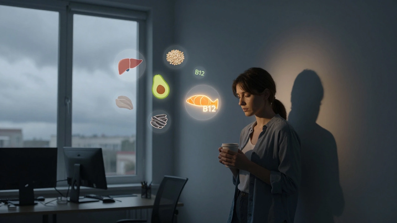 Женщина в офисе с кофе, вокруг неё меркнут изображения продуктов, поддерживающих энергию, за окном — пасмурное небо.
