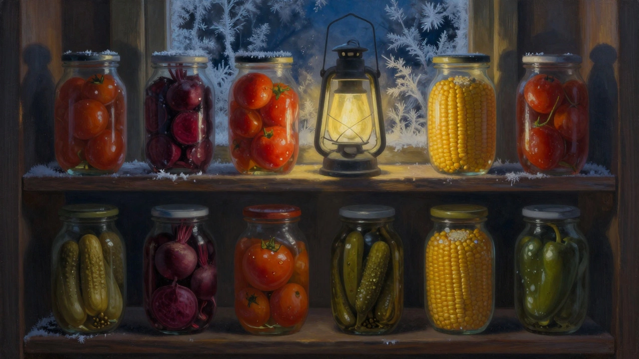 Зимняя кладовая с glowing банками консервированных овощей, освещенная фонарем.